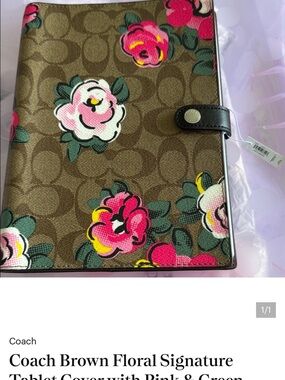 Coach Brown Floral Signature Tablet Case with Pink, White & Green Flowers